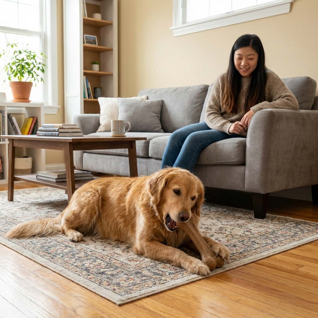 A dog chewing a large, appropriate-sized chew toy while an owner watches from a nearby couch in a tidy living room