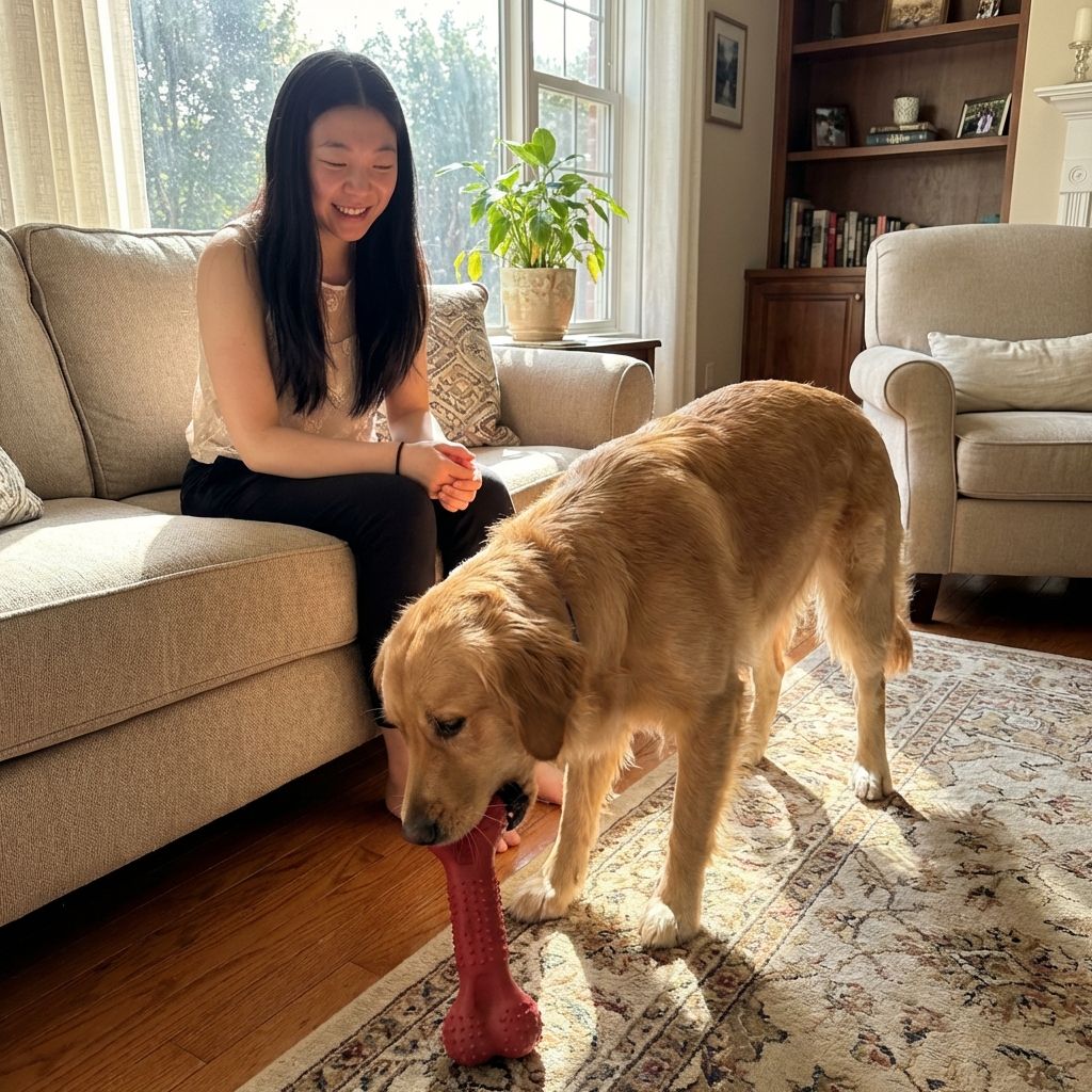 A dog chewing a sturdy rubber toy while supervised by a pet owner in a bright living room