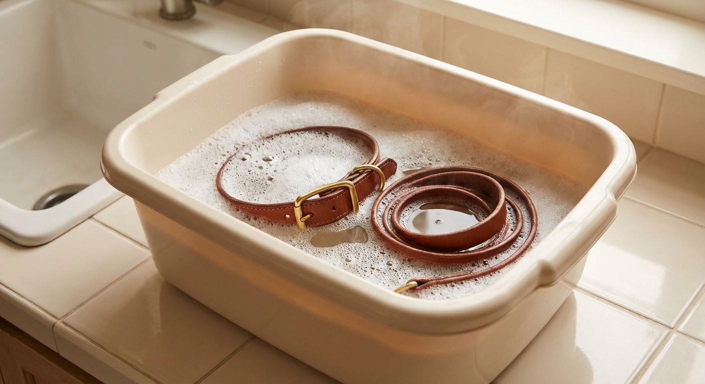 A dog collar and leash soaking in a plastic basin filled with warm soapy water