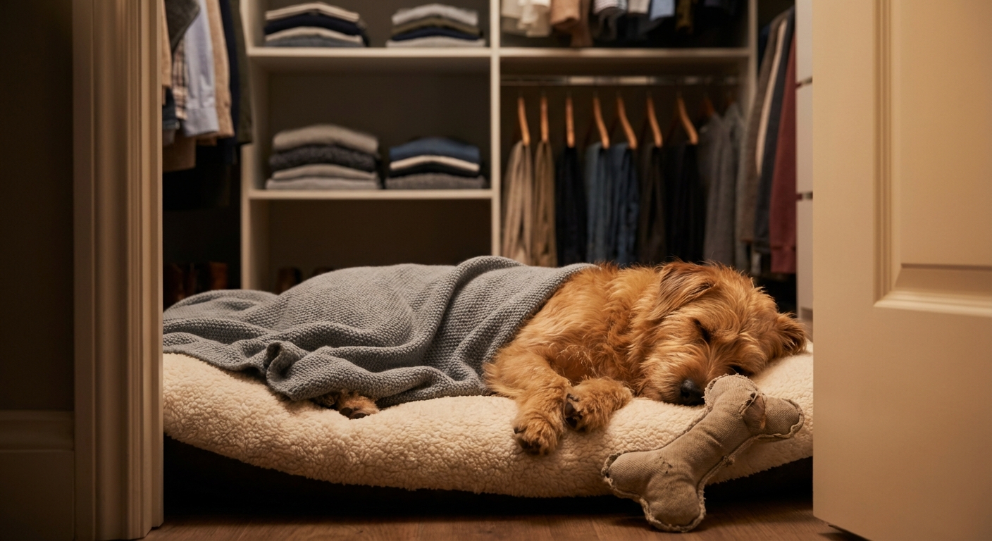 A dog curled up on a bed inside an open closet with a soft blanket and a toy
