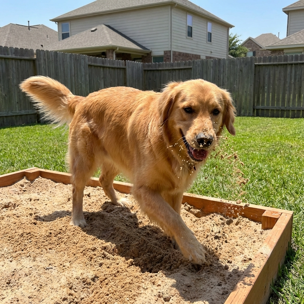 A dog digging happily in a designated sandbox area in a backyard