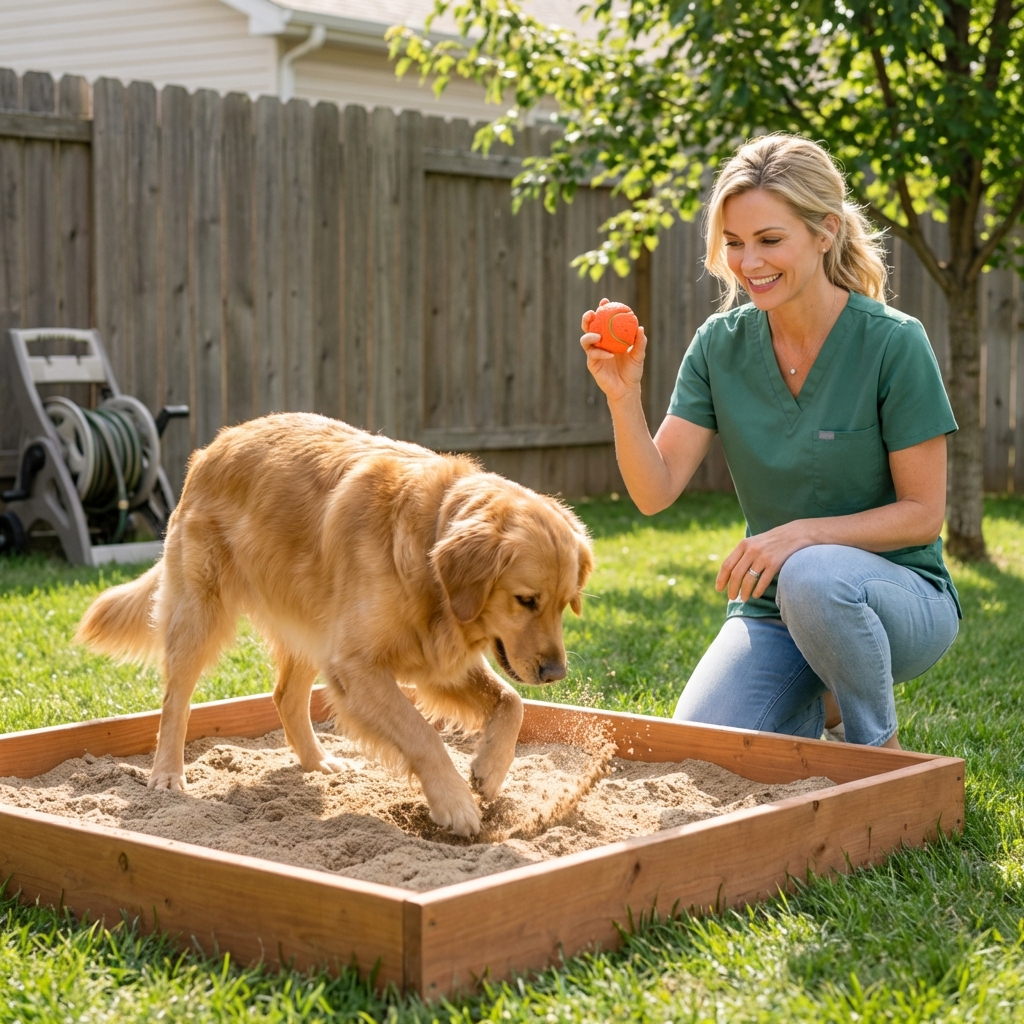A dog digging in a designated sandbox area in a backyard while a person holds a toy