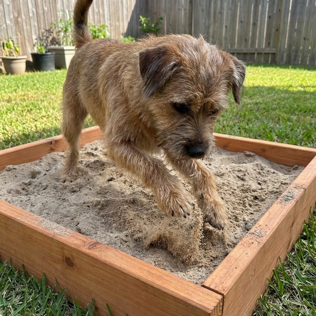 A dog digging in a small sandbox area in a backyard