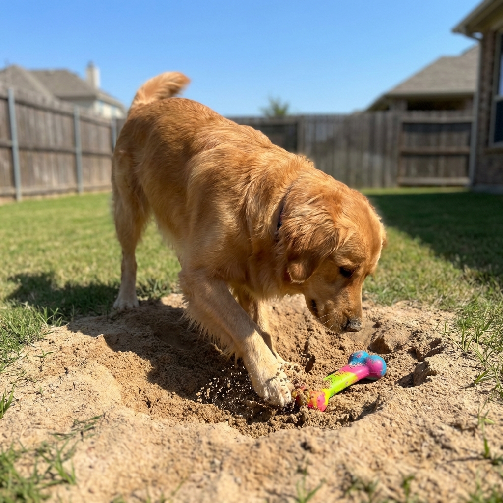 A dog digging in a small sandy dig pit area in a backyard while a toy is partially buried