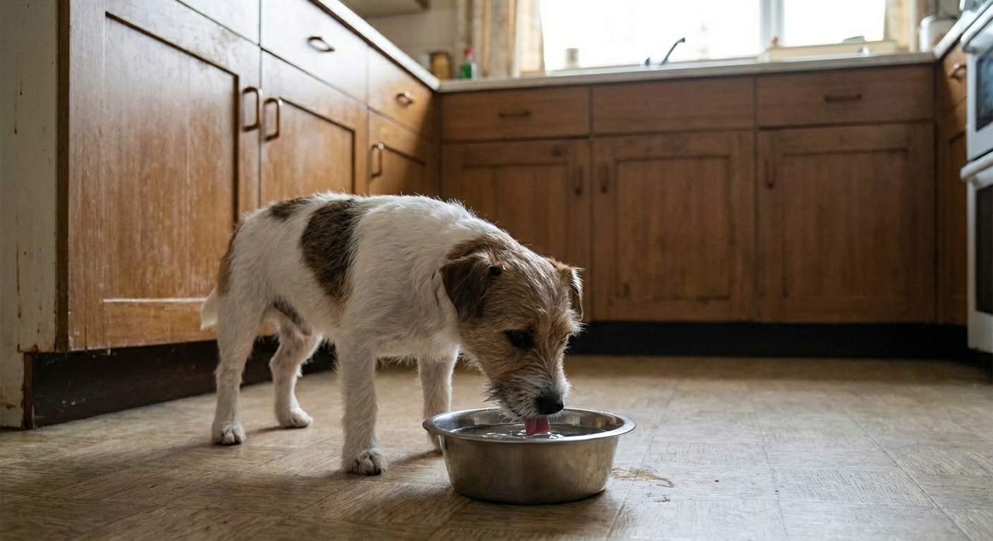 A dog drinking a small amount of water from a stainless steel bowl in a kitchen