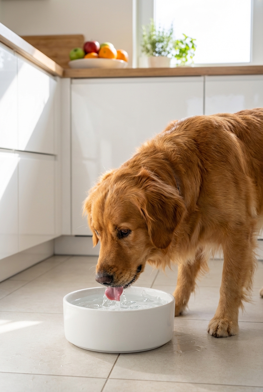 A dog drinking fresh water from a clean bowl in a bright kitchen