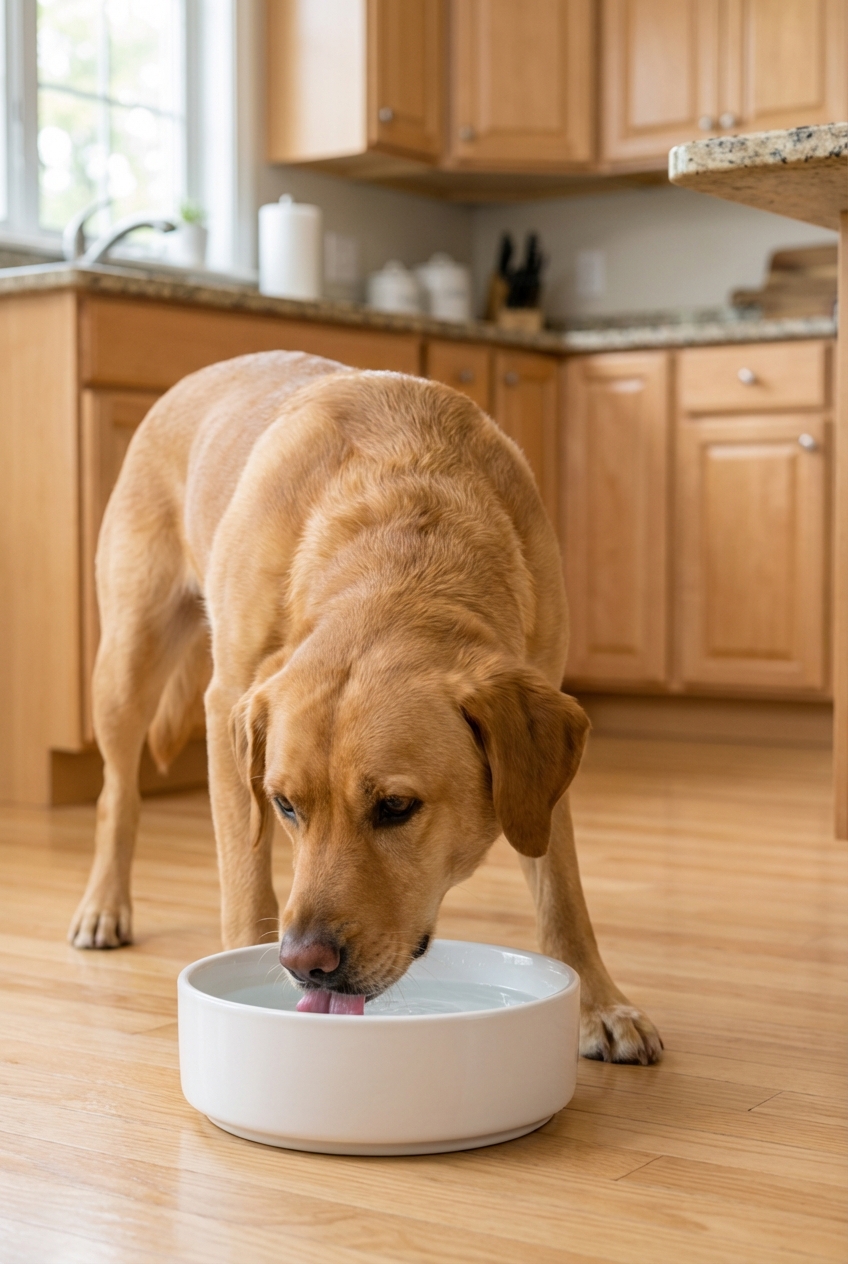 A dog drinking fresh water from a clean bowl in a quiet kitchen