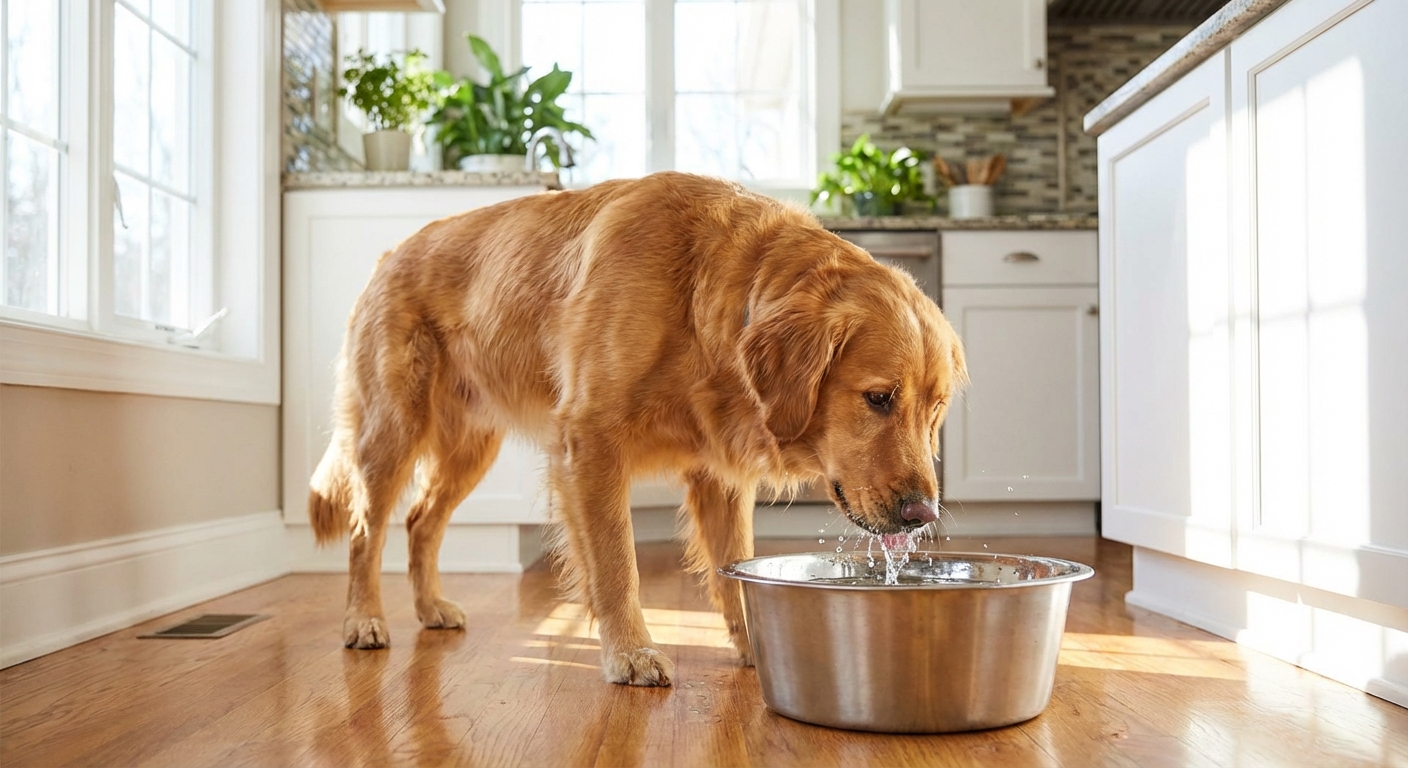 A dog drinking fresh water from a stainless steel bowl in a bright kitchen