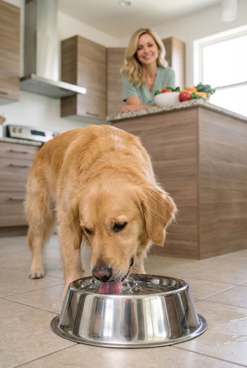 A dog drinking fresh water from a stainless steel bowl in a kitchen