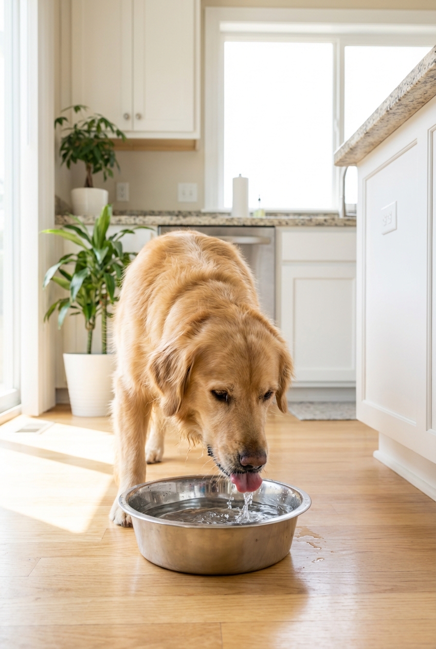 A dog drinking fresh water from a stainless steel bowl in a bright kitchen