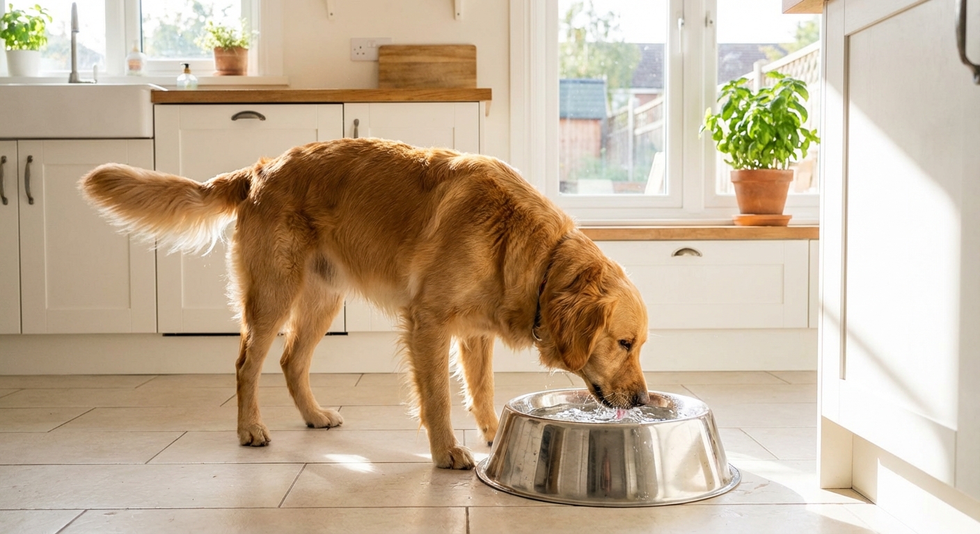 A dog drinking fresh water from a stainless steel bowl in a bright kitchen