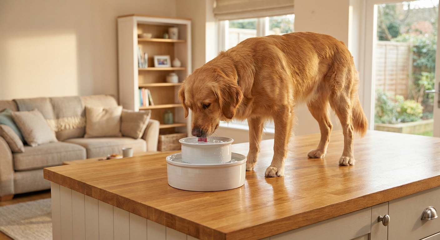 A dog drinking from a countertop pet water fountain in a living room