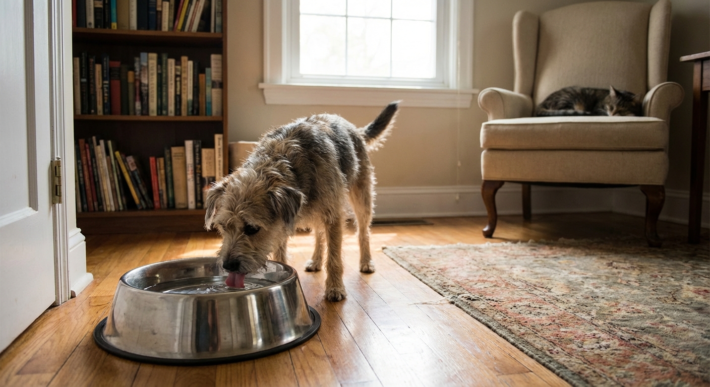 A dog drinking water from a stainless steel bowl in a quiet indoor room
