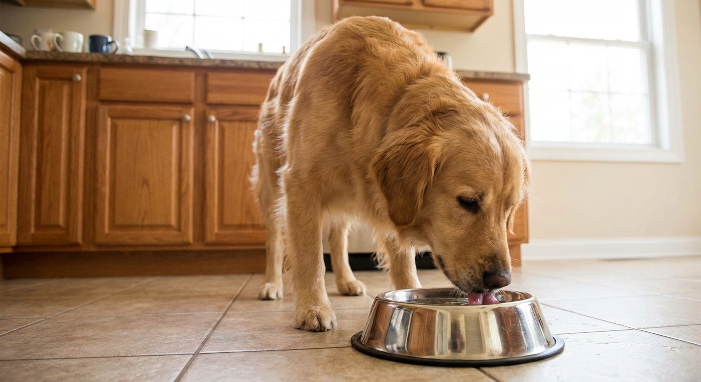 A dog drinking water from a stainless steel bowl in a kitchen