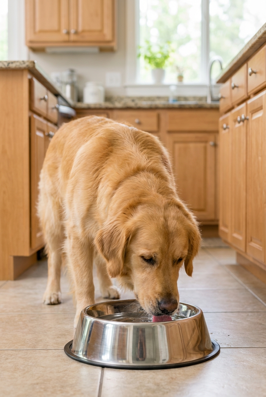 A dog drinking water from a stainless steel bowl in a kitchen
