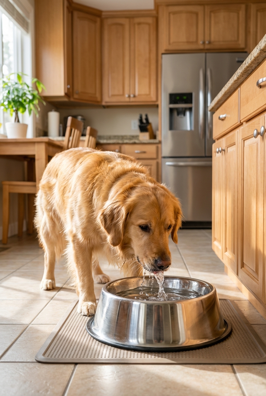 A dog drinking water from a stainless steel bowl in a kitchen