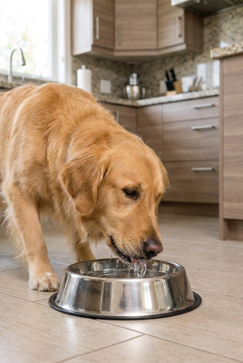 A dog drinking water from a stainless steel bowl in a kitchen