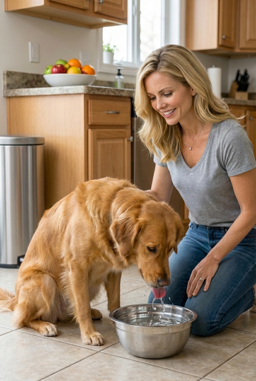 A dog drinking water from a stainless steel bowl in a bright kitchen