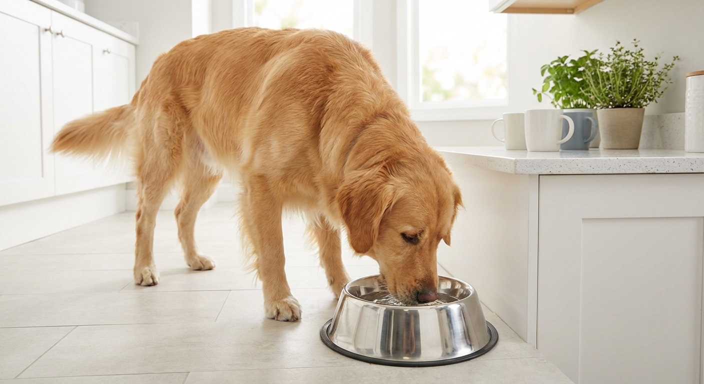 A dog drinking water from a stainless steel bowl in a clean kitchen