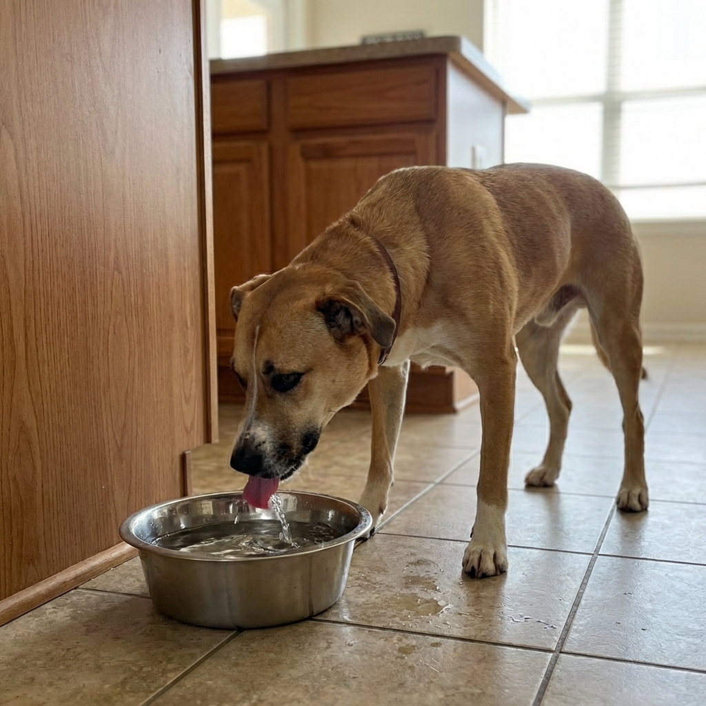 A dog drinking water from a stainless steel bowl in a kitchen