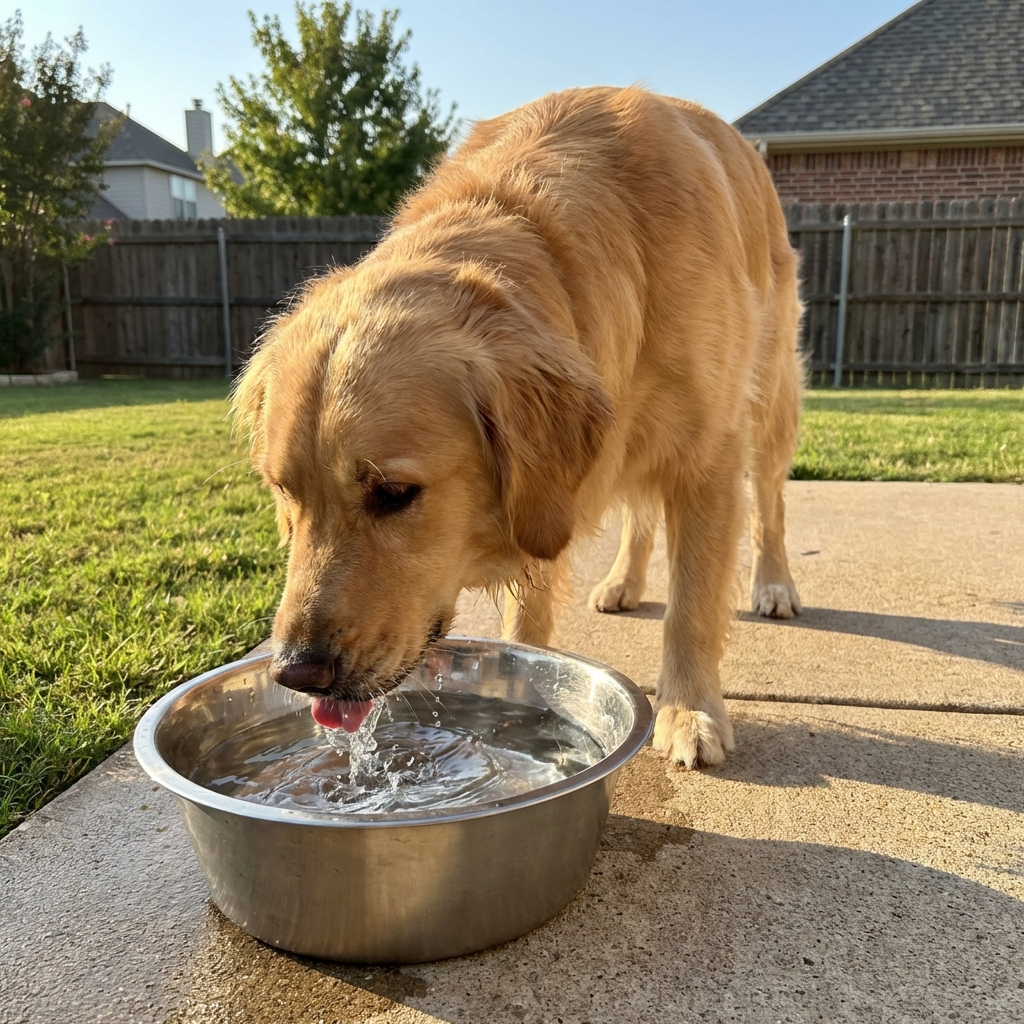 A dog drinking water from a stainless-steel bowl outdoors on a warm day