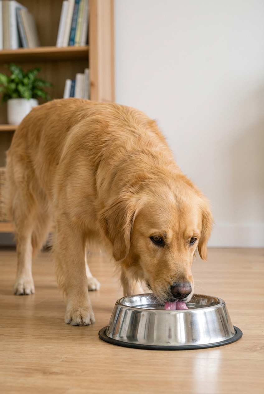 A dog drinking water from a stainless steel bowl to support hydration
