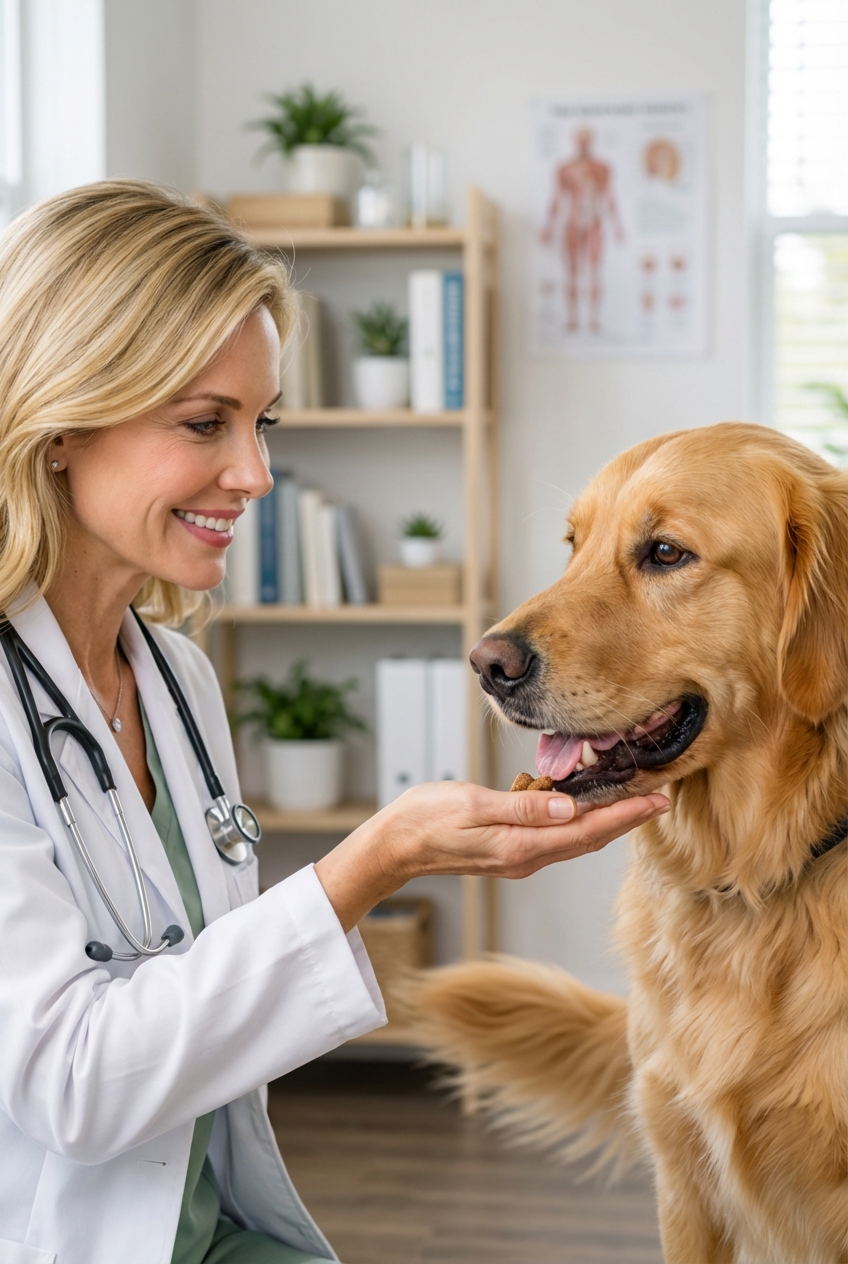 A dog eagerly taking a small treat from a person's hand indoors