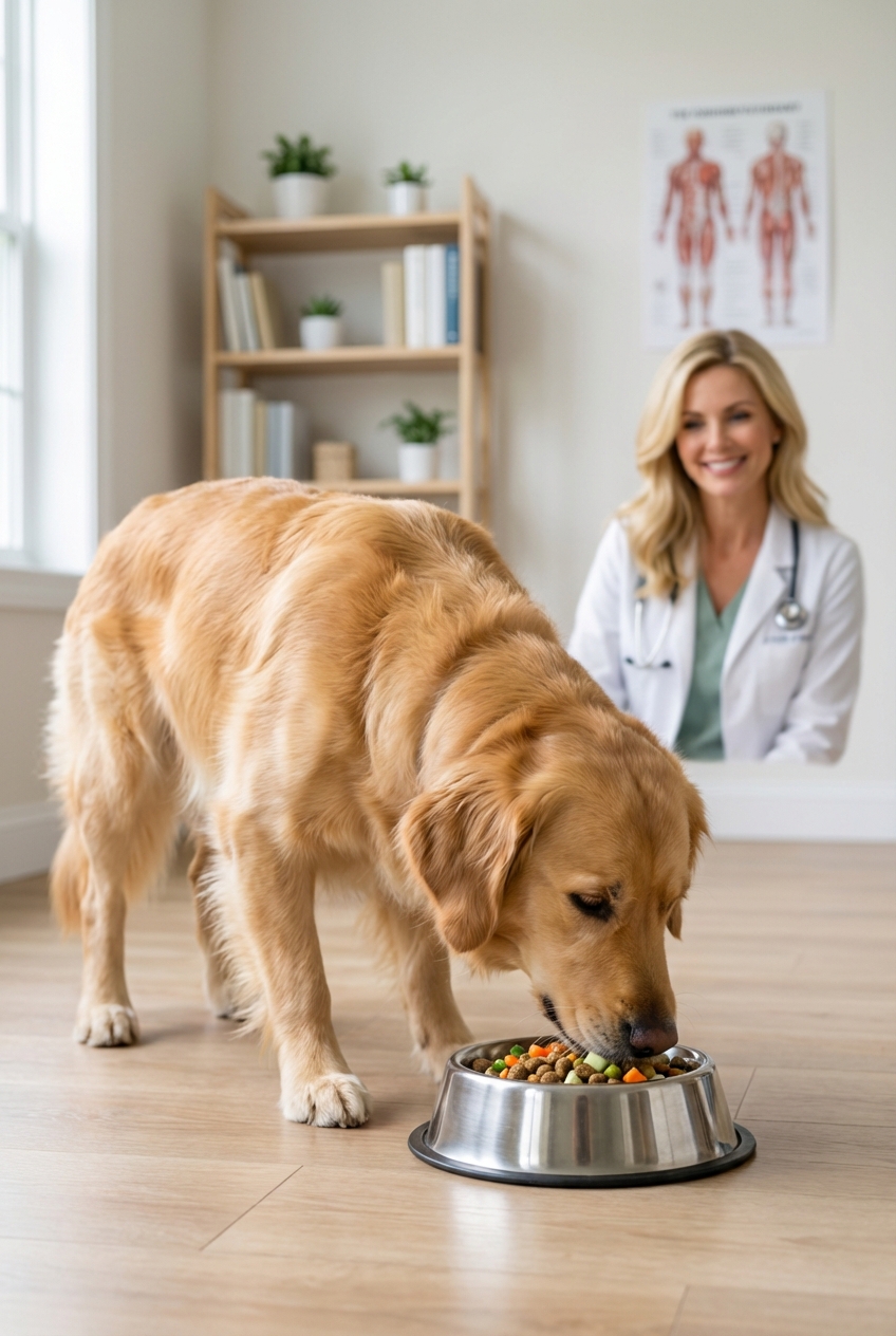 A dog eating a small meal from a stainless steel bowl in a calm home setting