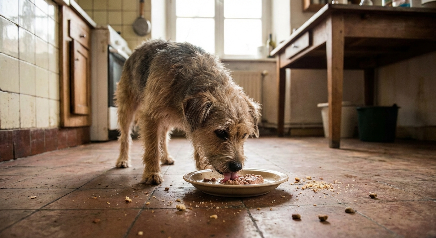 A dog eating a small portion of wet food from a bowl on a kitchen floor