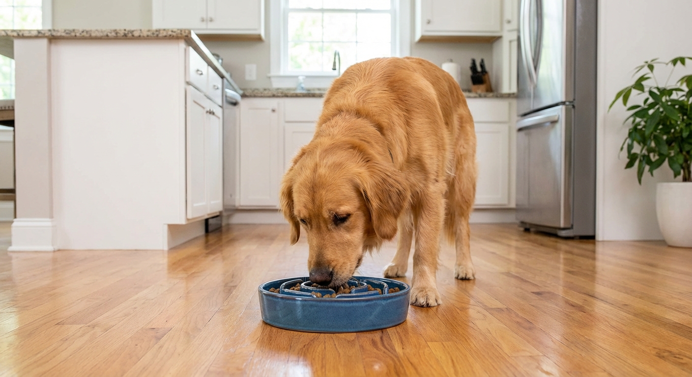 A dog eating calmly from a slow feeder bowl on a clean kitchen floor