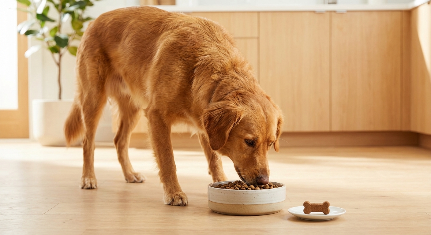 A dog eating dinner from a bowl while a monthly medication chew sits nearby
