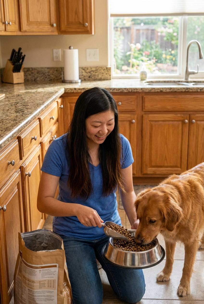 A dog eating from a bowl in a kitchen while a person measures food with a scoop