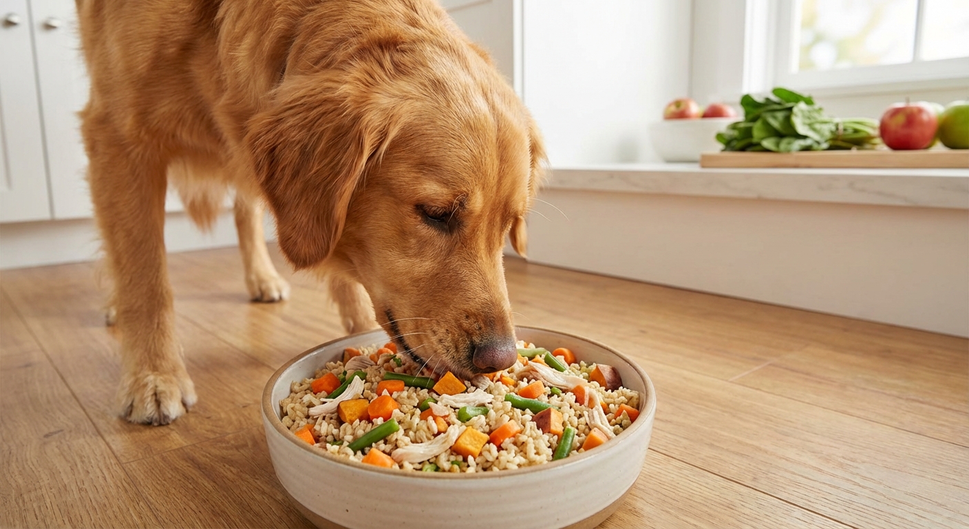 A dog eating from a bowl of homemade food with visible cooked vegetables and rice
