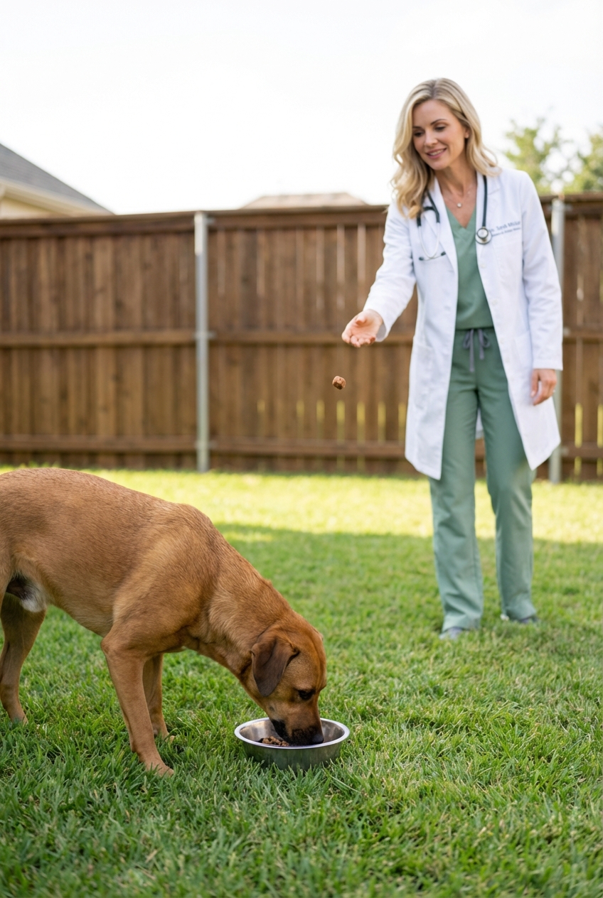 A dog eating from a bowl while a person stands at a distance and gently tosses a treat behind the dog