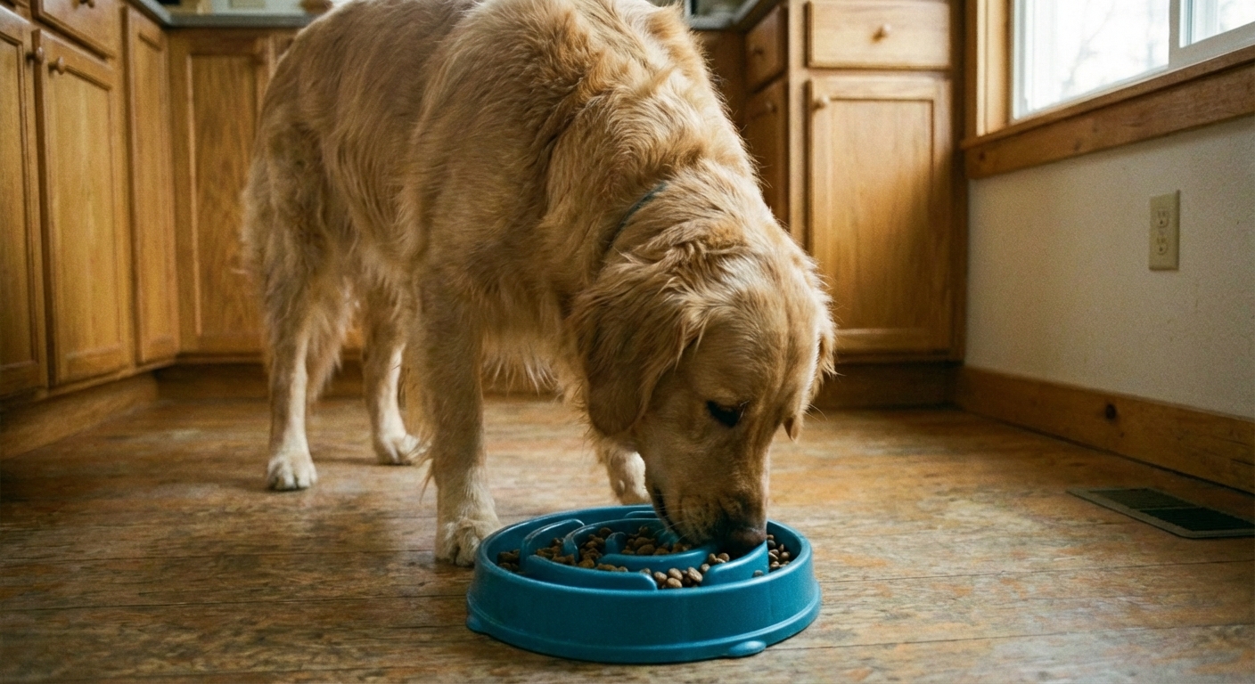 A dog eating from a slow feeder bowl on a clean kitchen floor