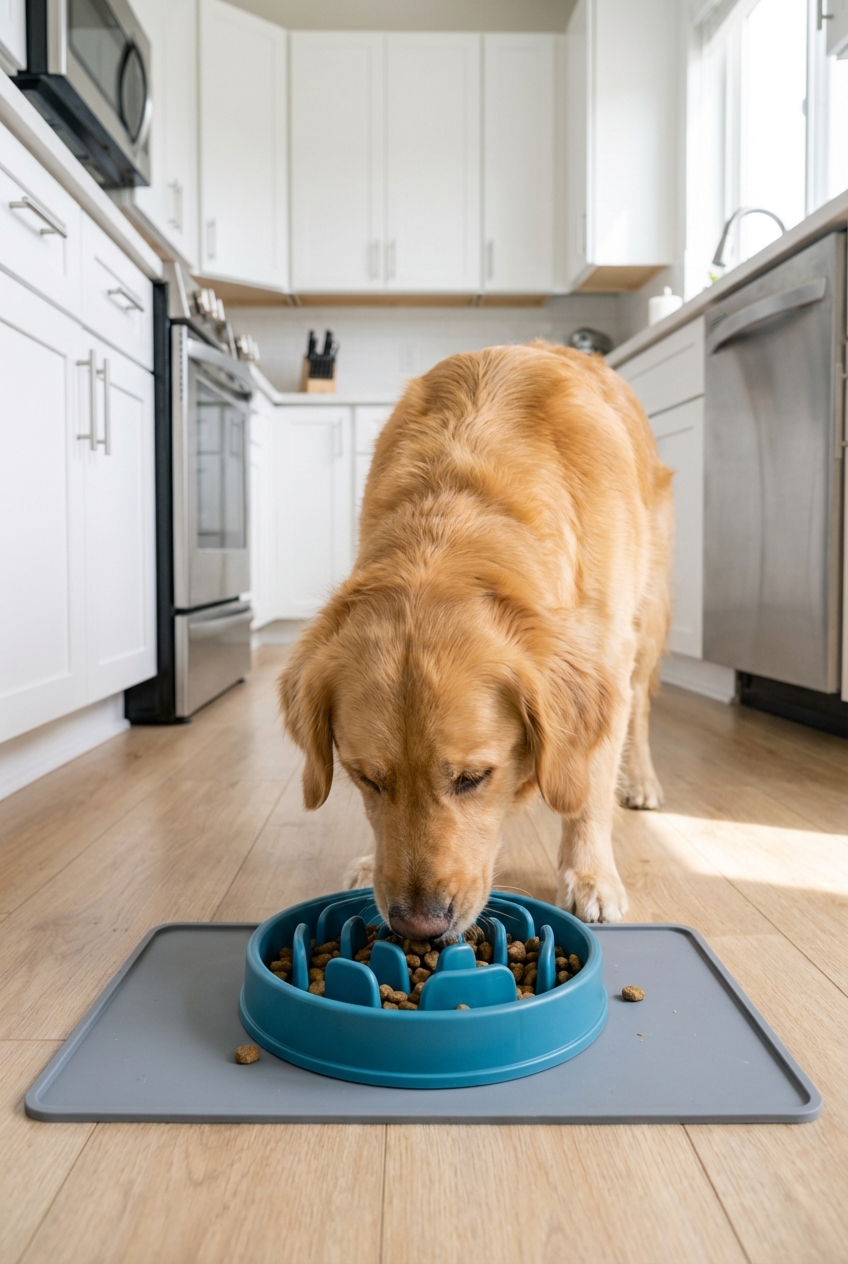 A dog eating from a slow feeder bowl on a kitchen mat