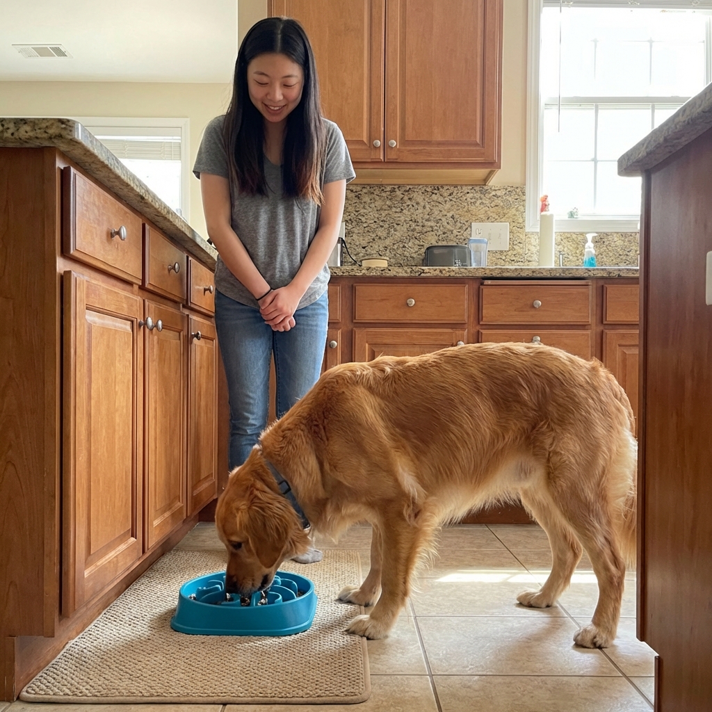 A dog eating from a slow feeder bowl on a kitchen mat while the owner watches