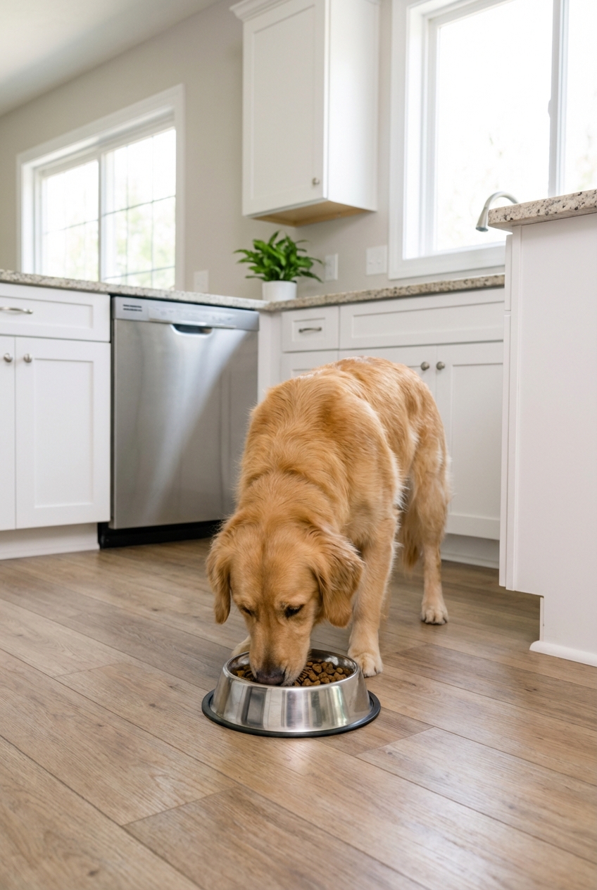 A dog eating from a stainless steel bowl on a clean kitchen floor