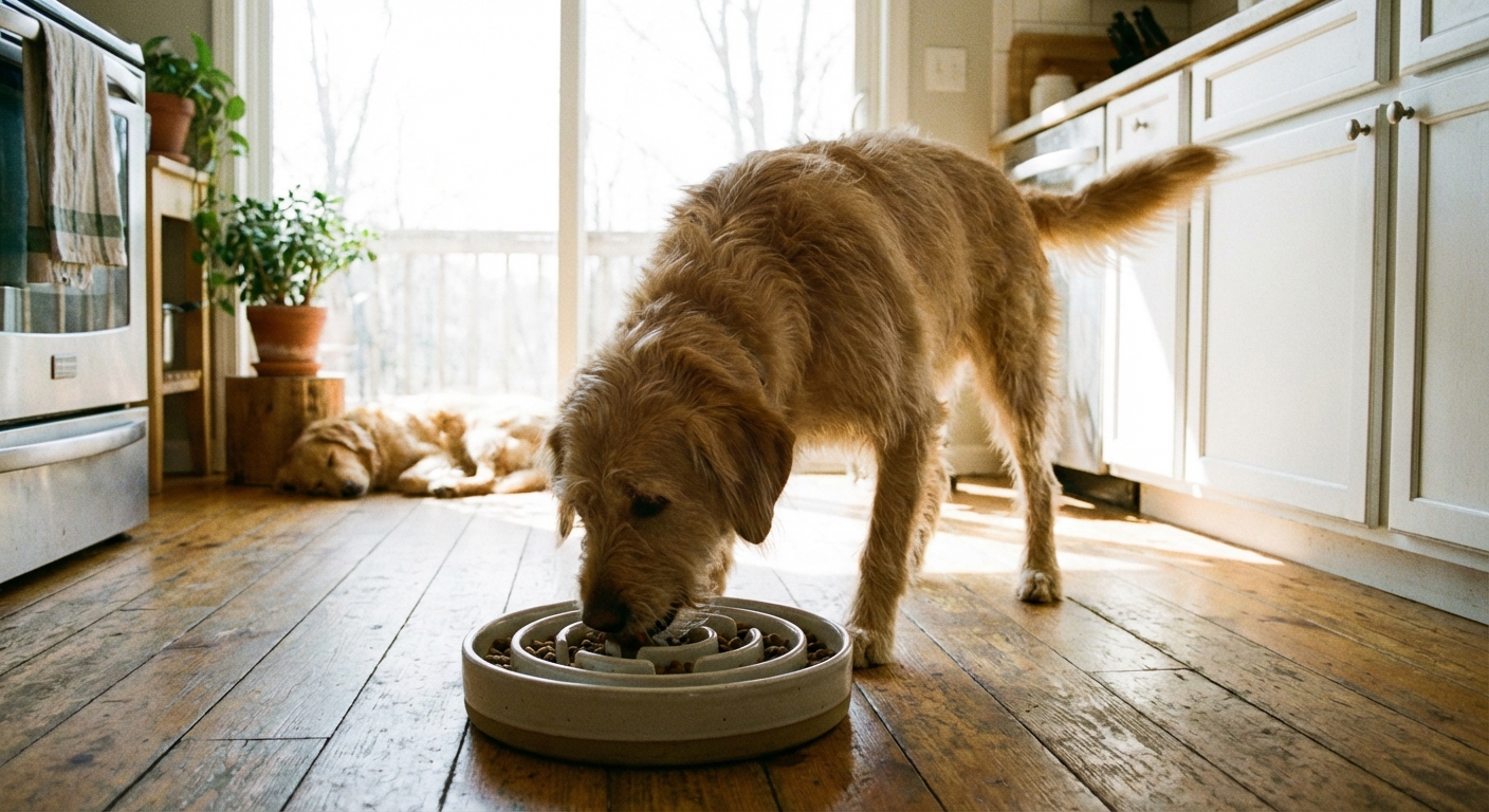 A dog eating kibble from a slow feeder bowl in a bright kitchen