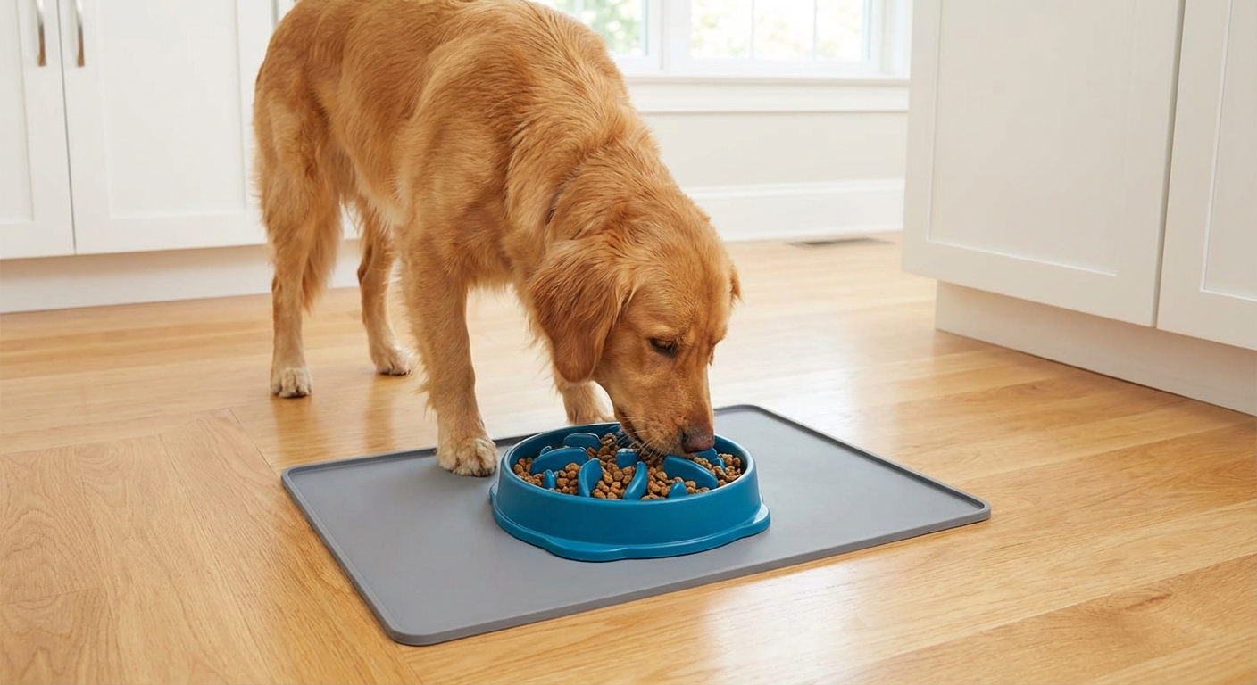 A dog eating kibble from a slow feeder bowl on a clean kitchen mat