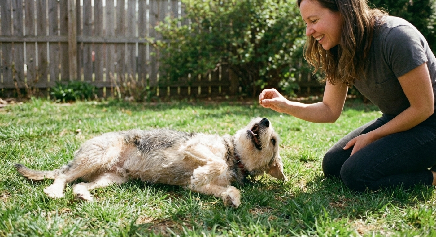 A dog finishing a roll over on grass while an owner kneels nearby smiling and offering a treat