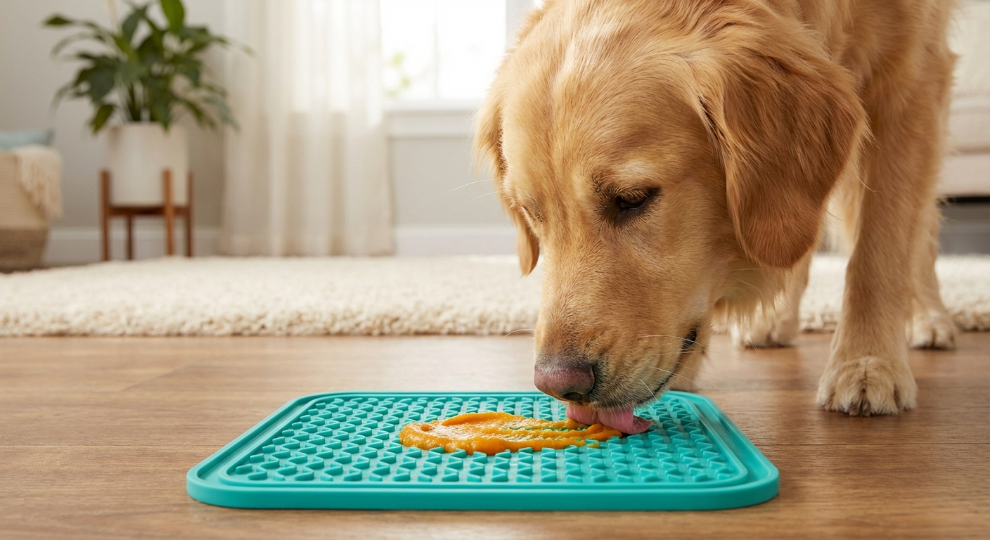A dog gently licking a silicone lick mat with a small smear of plain pumpkin in a calm home setting