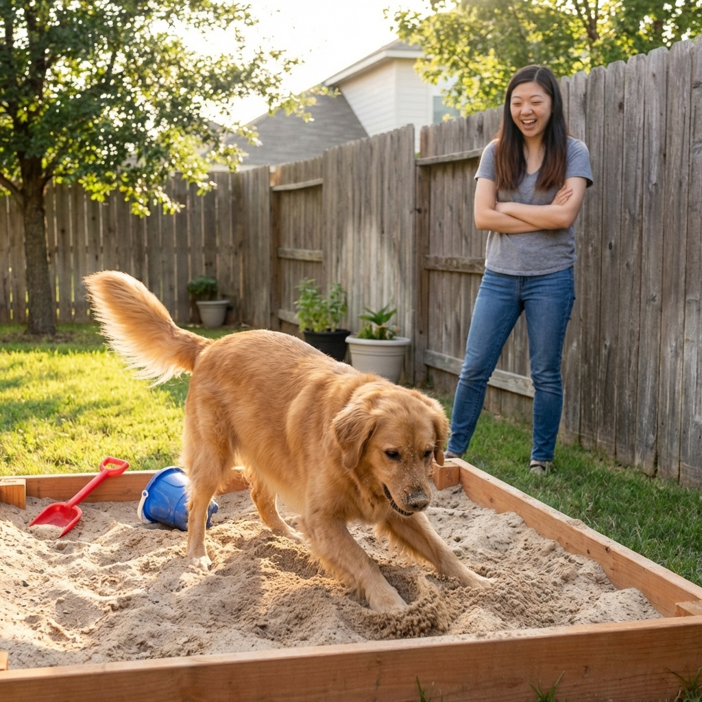 A dog happily digging in a designated sandbox area in a backyard while a parent watches nearby