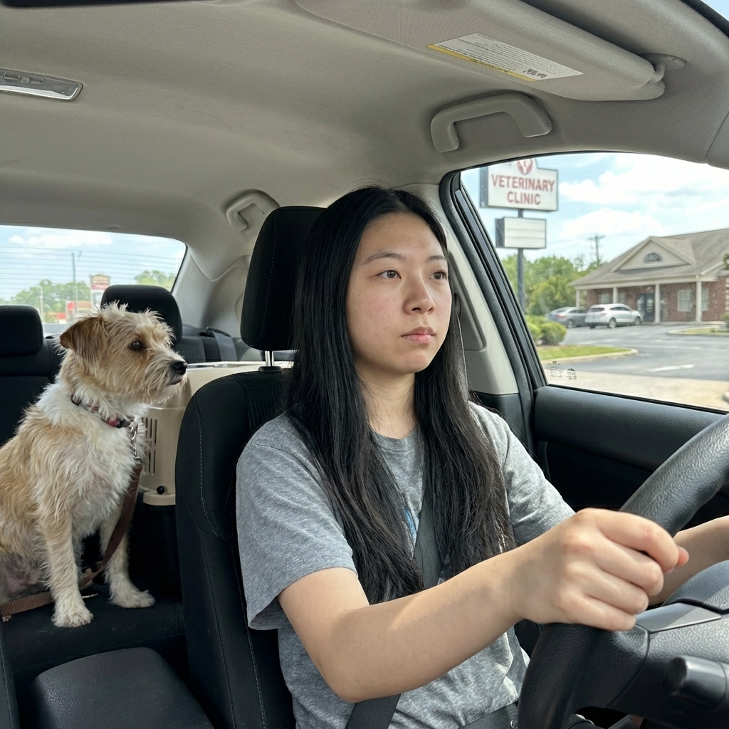 A dog in a car with an owner heading to a veterinary clinic parking lot