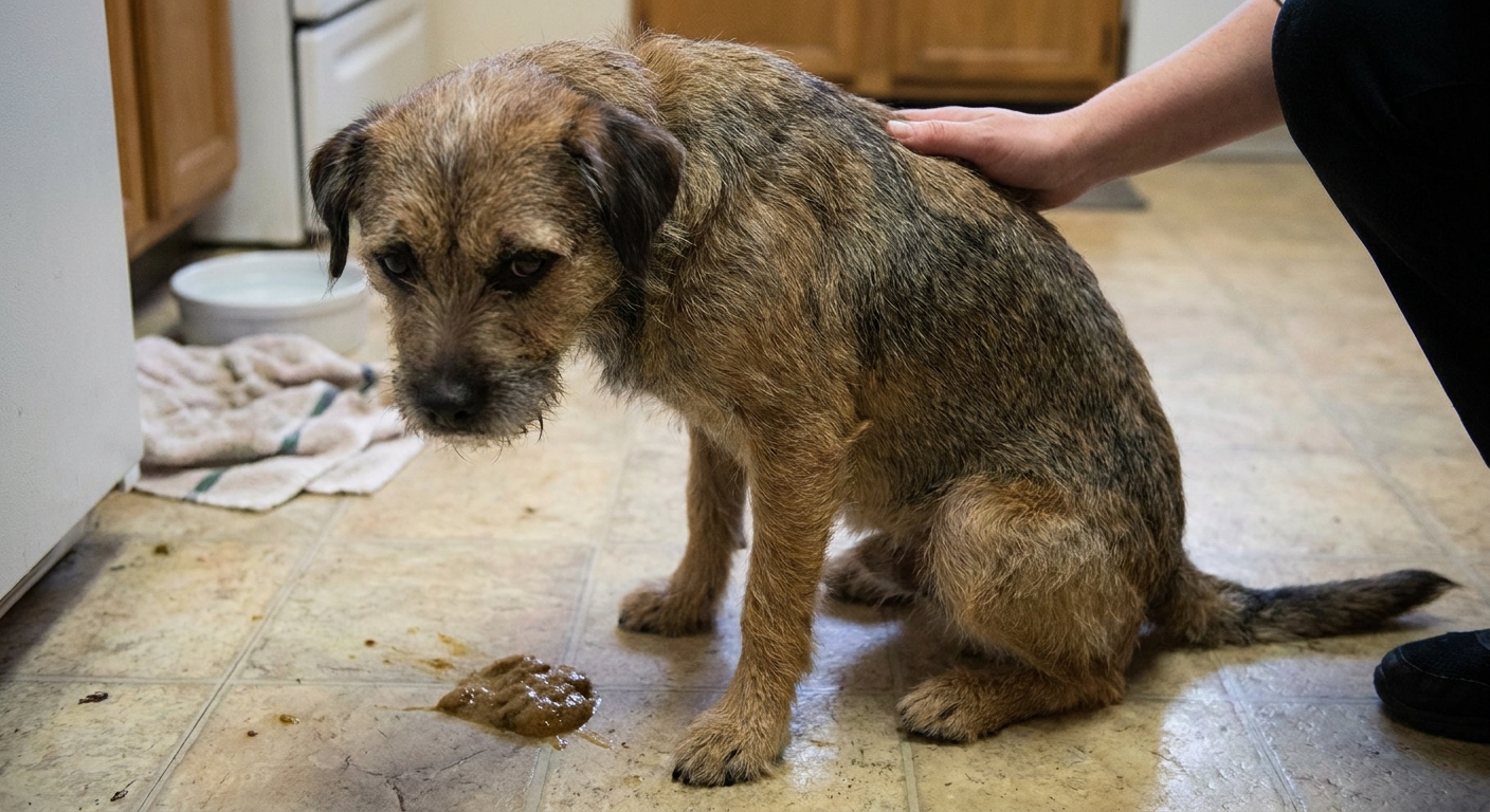 A dog indoors on a kitchen floor looking nauseated with vomit nearby, concerned pet health moment