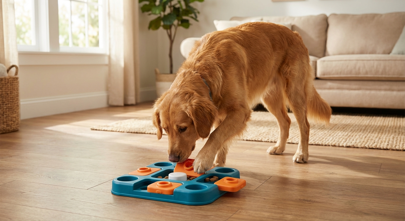 A dog interacting with a food puzzle toy on a living room floor