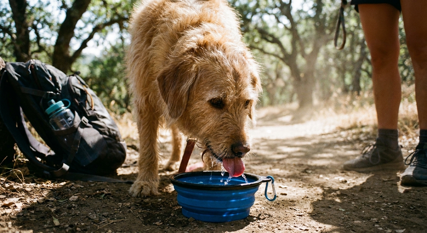 A dog lapping water from a portable bowl during a shaded outdoor break on a warm day