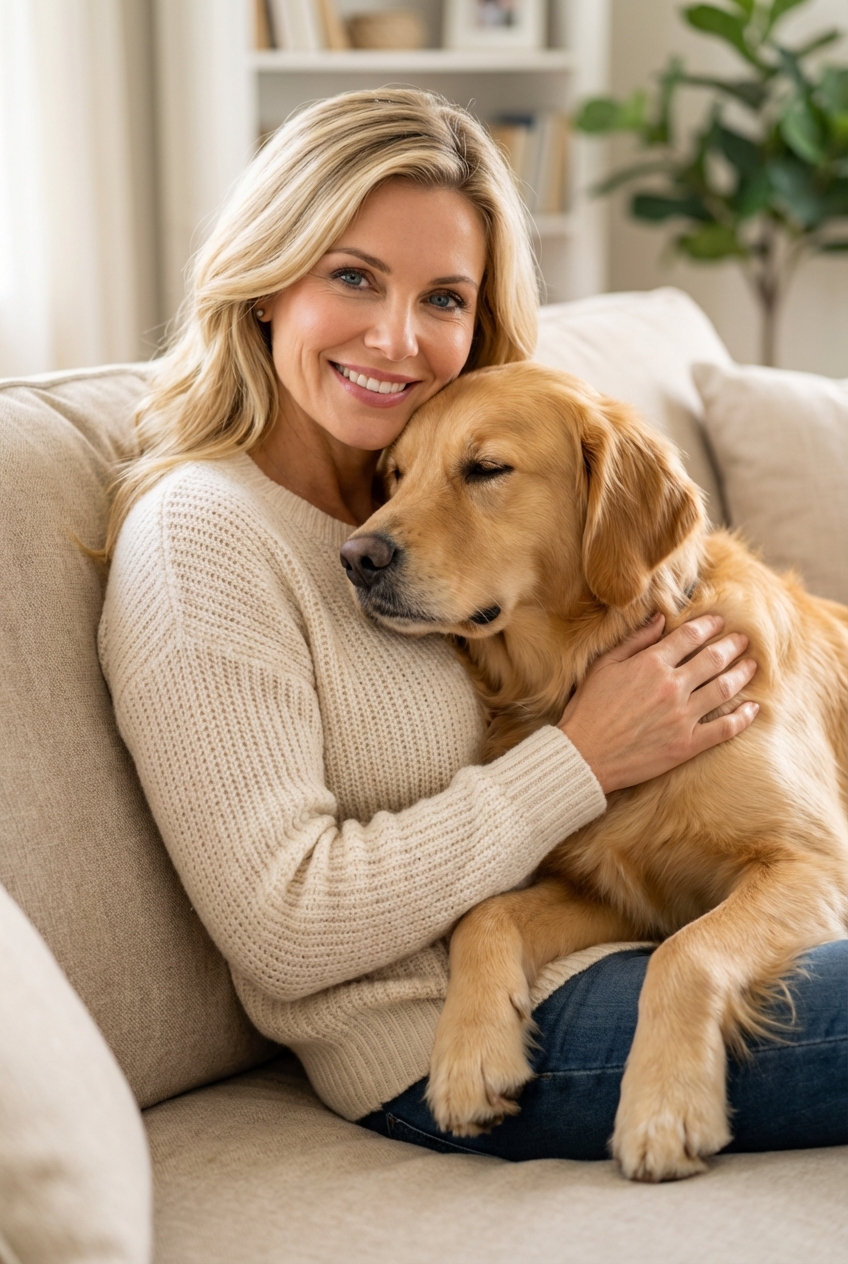 A dog leaning into a gentle chest rub while sitting beside their owner on a couch