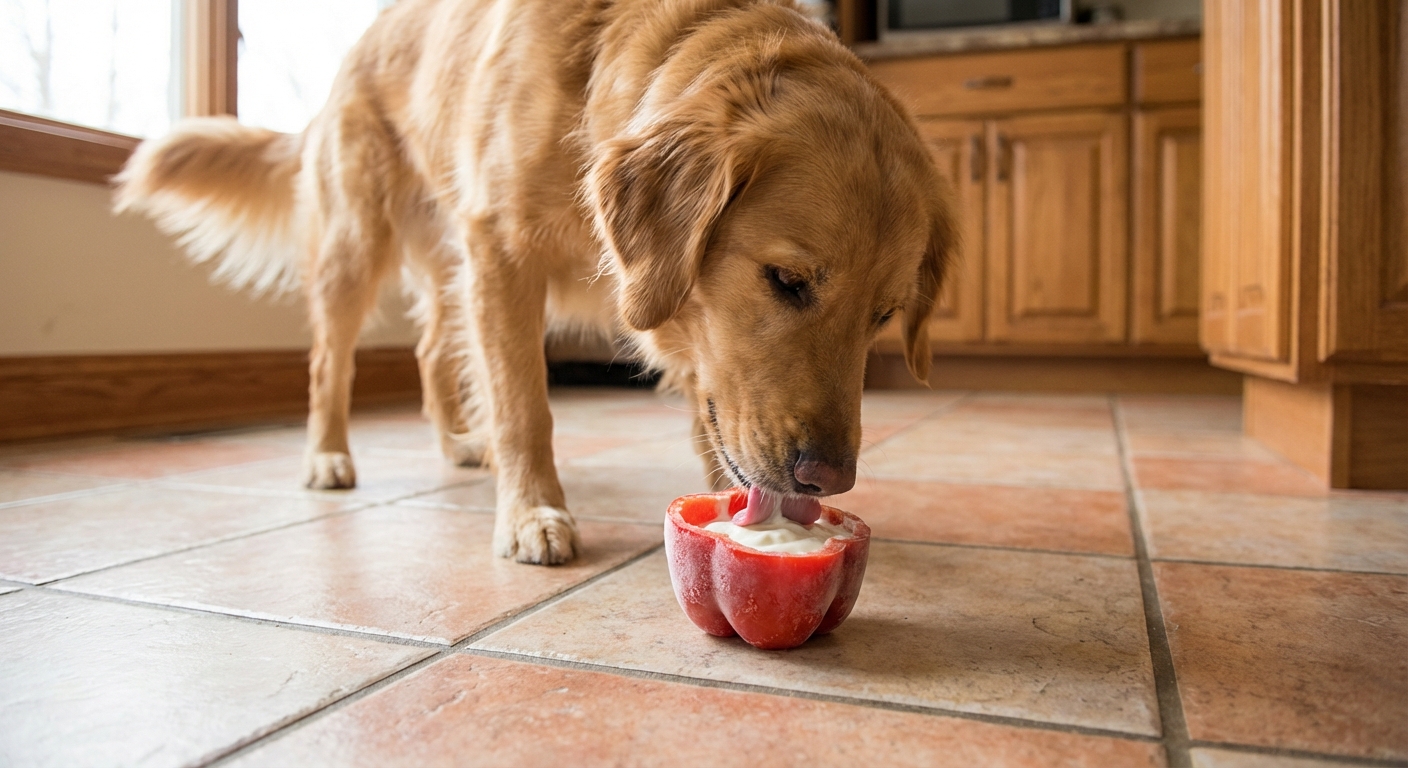 A dog licking a frozen bell pepper cup filled with plain yogurt on a tiled kitchen floor