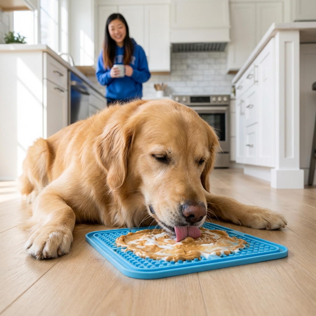 A dog licking a frozen lick mat on a kitchen floor while looking relaxed